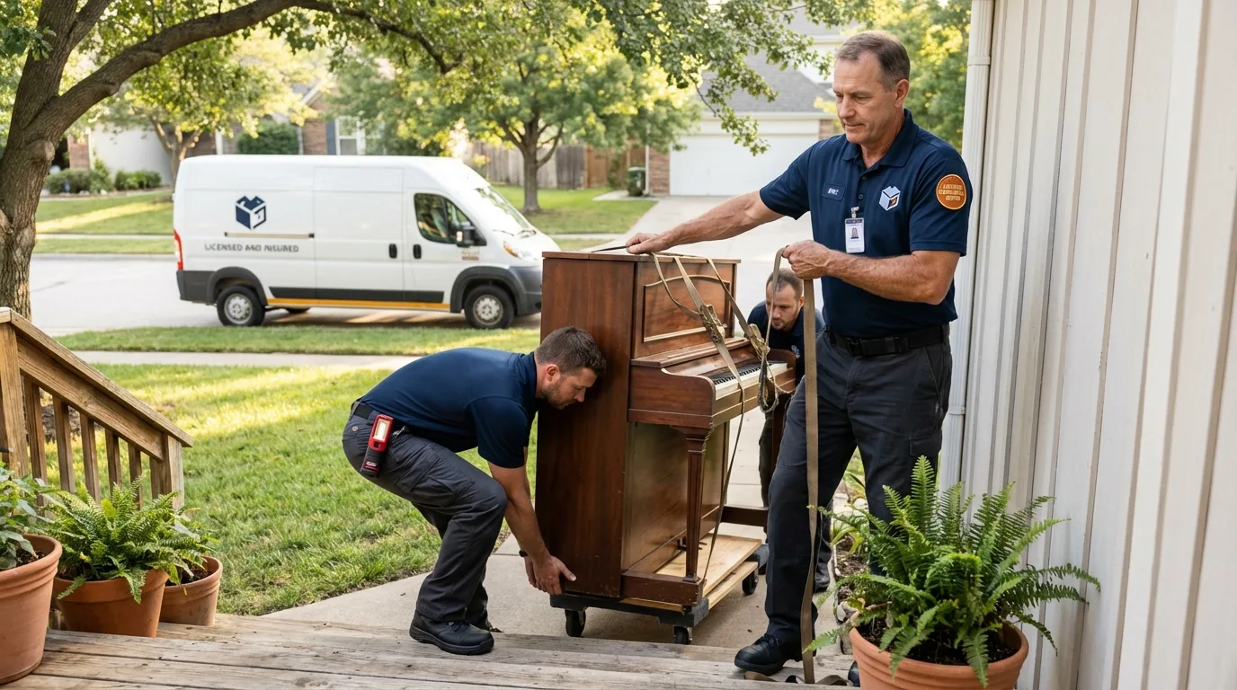 Licensed piano movers securing grand piano in Salisbury, VT