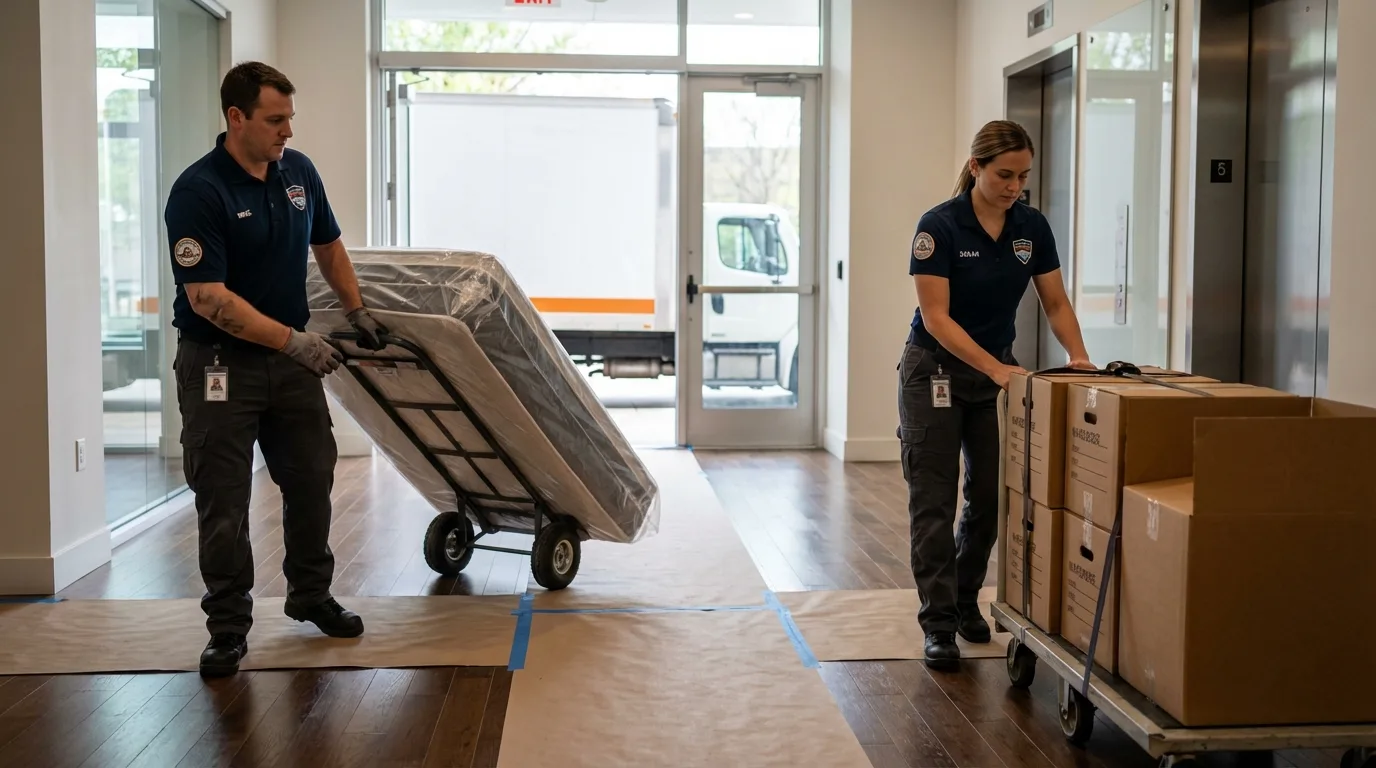 Professional apartment movers loading elevator in Salisbury, VT