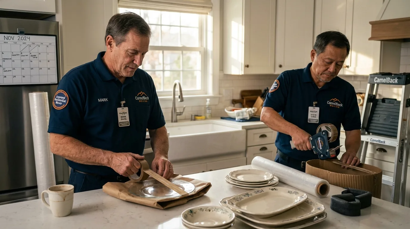 Professional crew packing kitchen dishware in Salisbury, VT